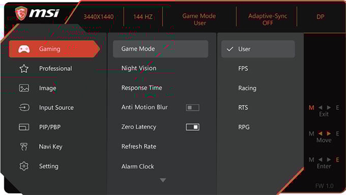 MSI MAG342CQR OSD Menu 